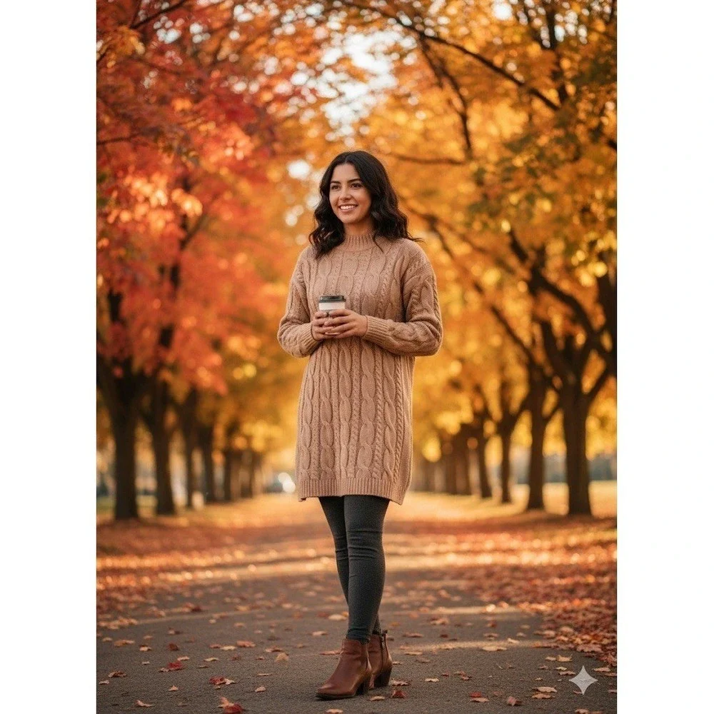 Derek Heart Cable Knit Mock Neck Sweater/Dress - Cozy & Chic Tan/Beige - Size XL - Picture 2 of 15